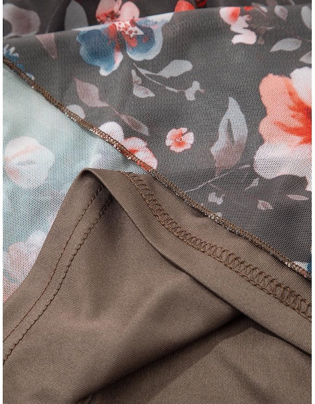 Brown Frilly Smocked Bodice Floral Mesh Long Sleeve Mini Dress