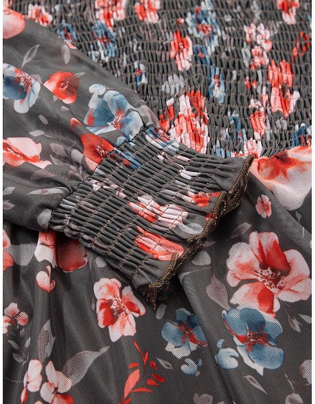 Brown Frilly Smocked Bodice Floral Mesh Long Sleeve Mini Dress