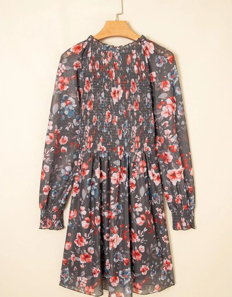 Brown Frilly Smocked Bodice Floral Mesh Long Sleeve Mini Dress