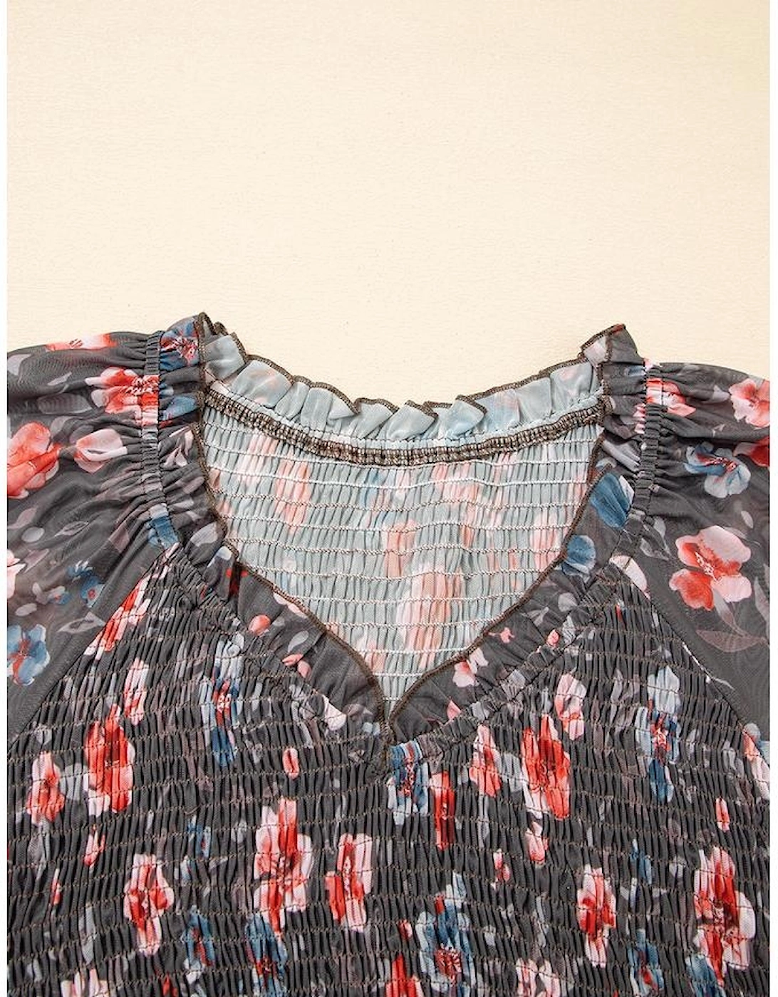 Brown Frilly Smocked Bodice Floral Mesh Long Sleeve Mini Dress