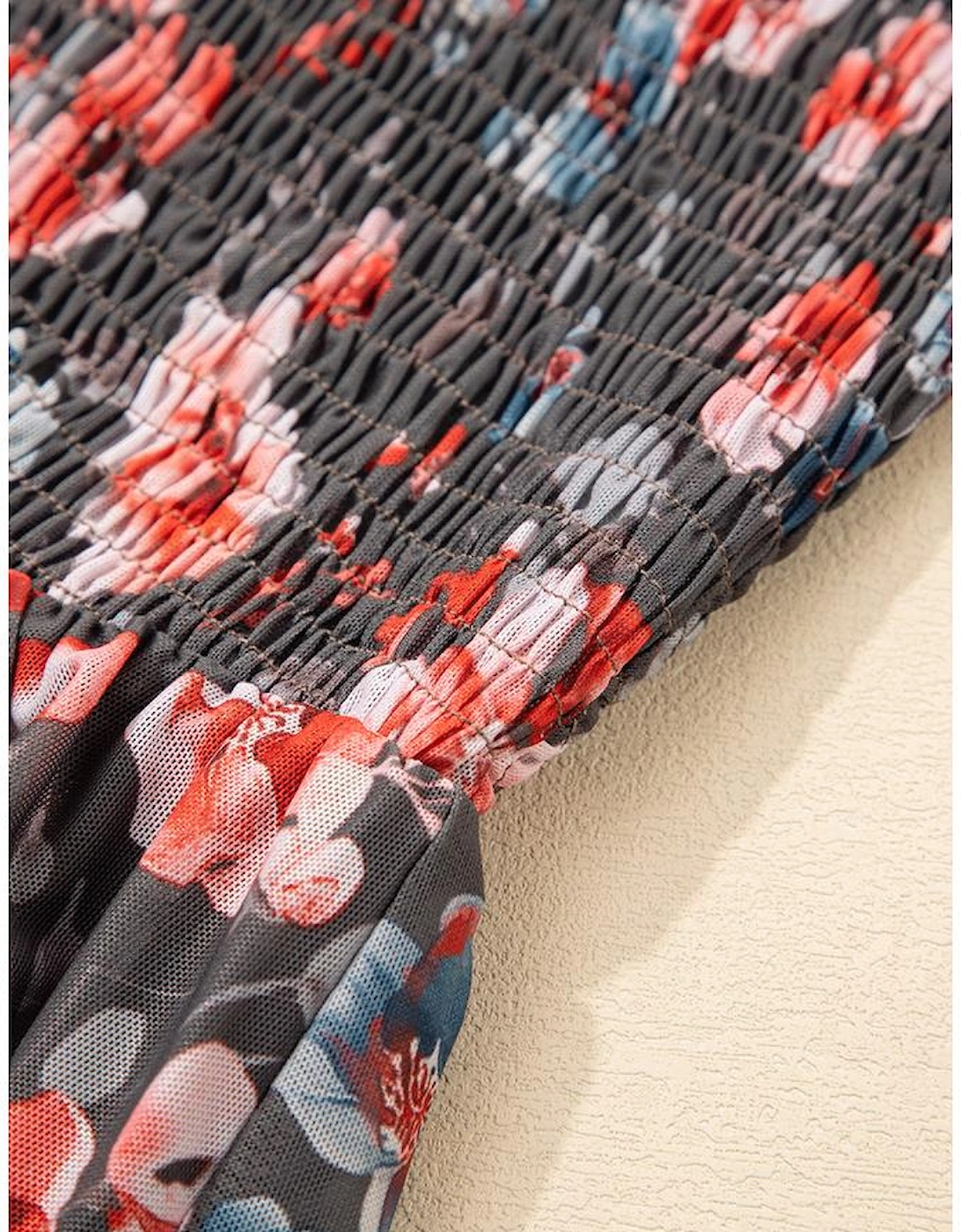 Brown Frilly Smocked Bodice Floral Mesh Long Sleeve Mini Dress