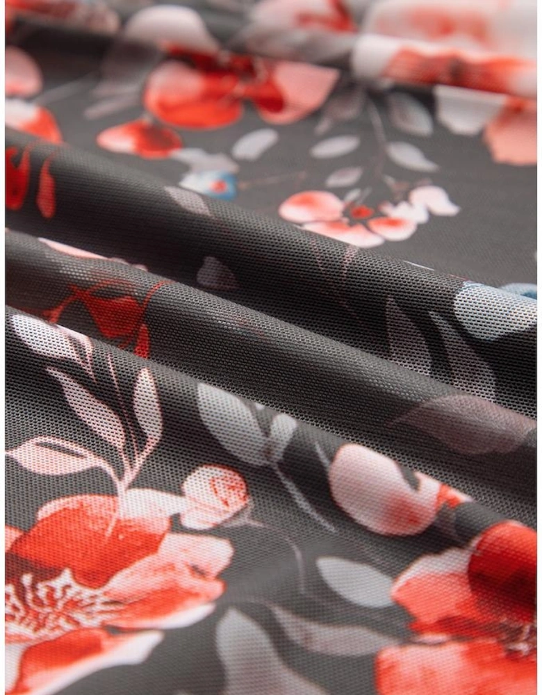 Brown Frilly Smocked Bodice Floral Mesh Long Sleeve Mini Dress