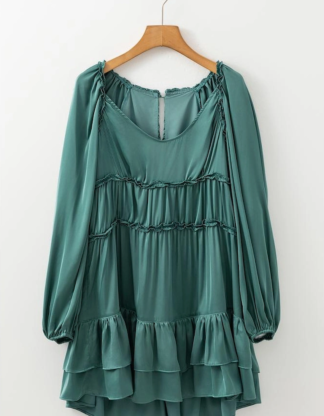Mist Green Tiered Ruffled Puff Sleeve Loose Fit Mini Dress
