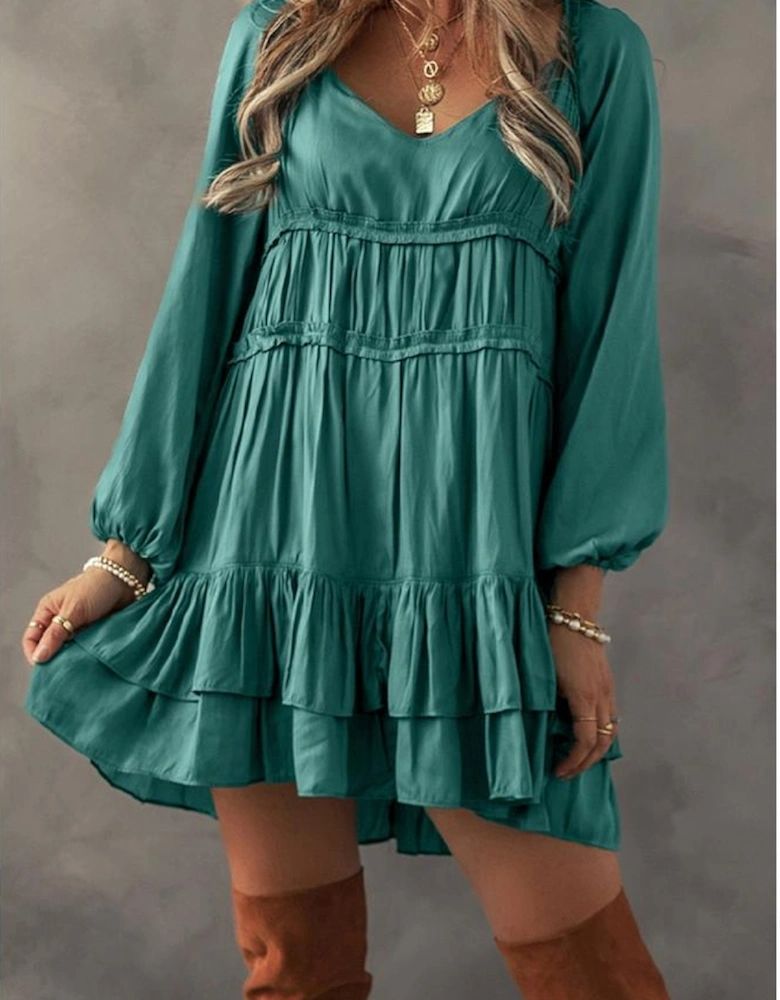 Mist Green Tiered Ruffled Puff Sleeve Loose Fit Mini Dress