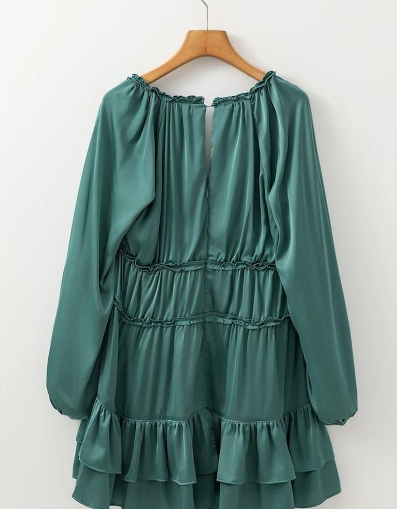 Mist Green Tiered Ruffled Puff Sleeve Loose Fit Mini Dress