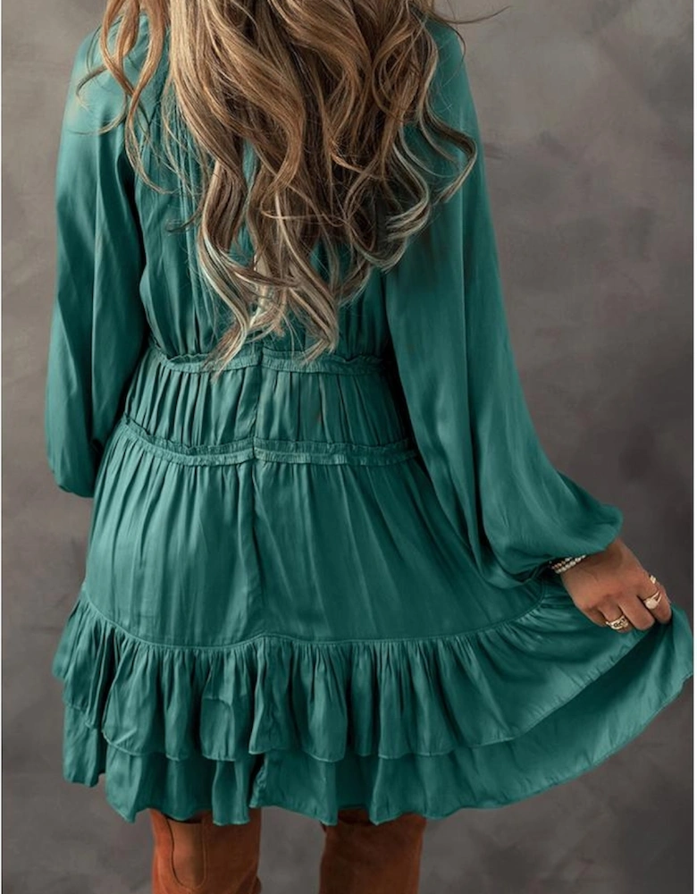 Mist Green Tiered Ruffled Puff Sleeve Loose Fit Mini Dress