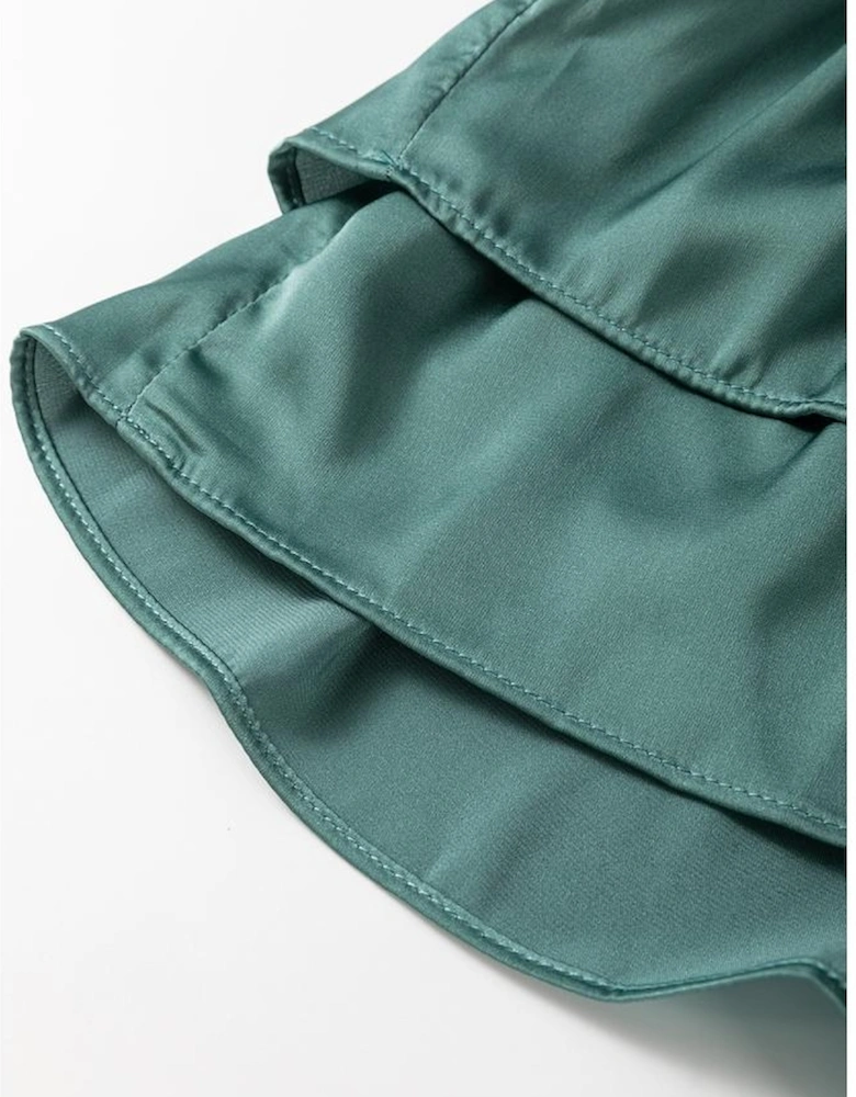 Mist Green Tiered Ruffled Puff Sleeve Loose Fit Mini Dress