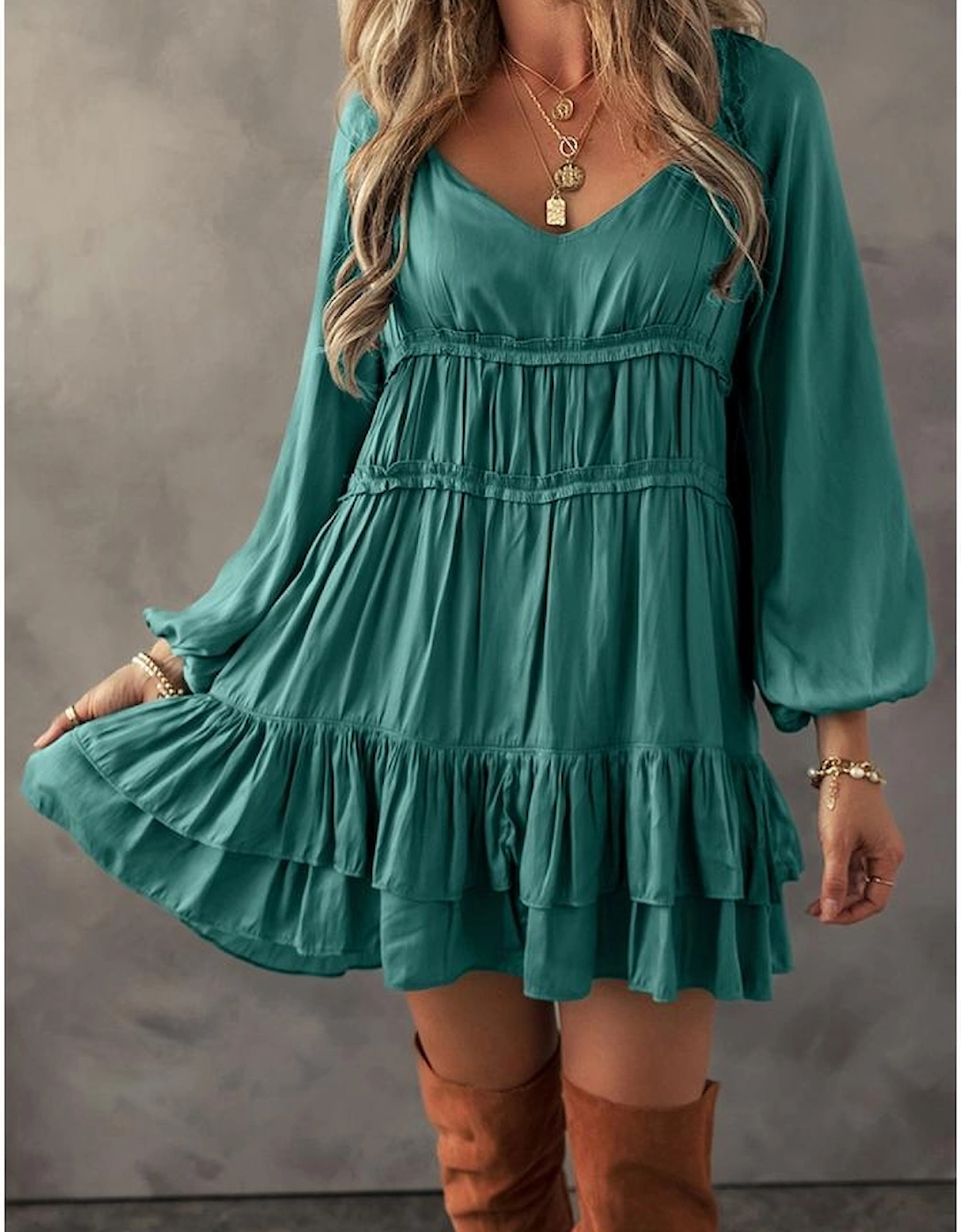 Mist Green Tiered Ruffled Puff Sleeve Loose Fit Mini Dress