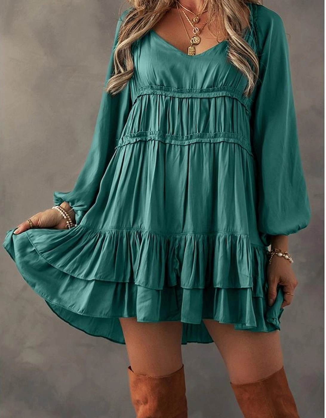 Mist Green Tiered Ruffled Puff Sleeve Loose Fit Mini Dress