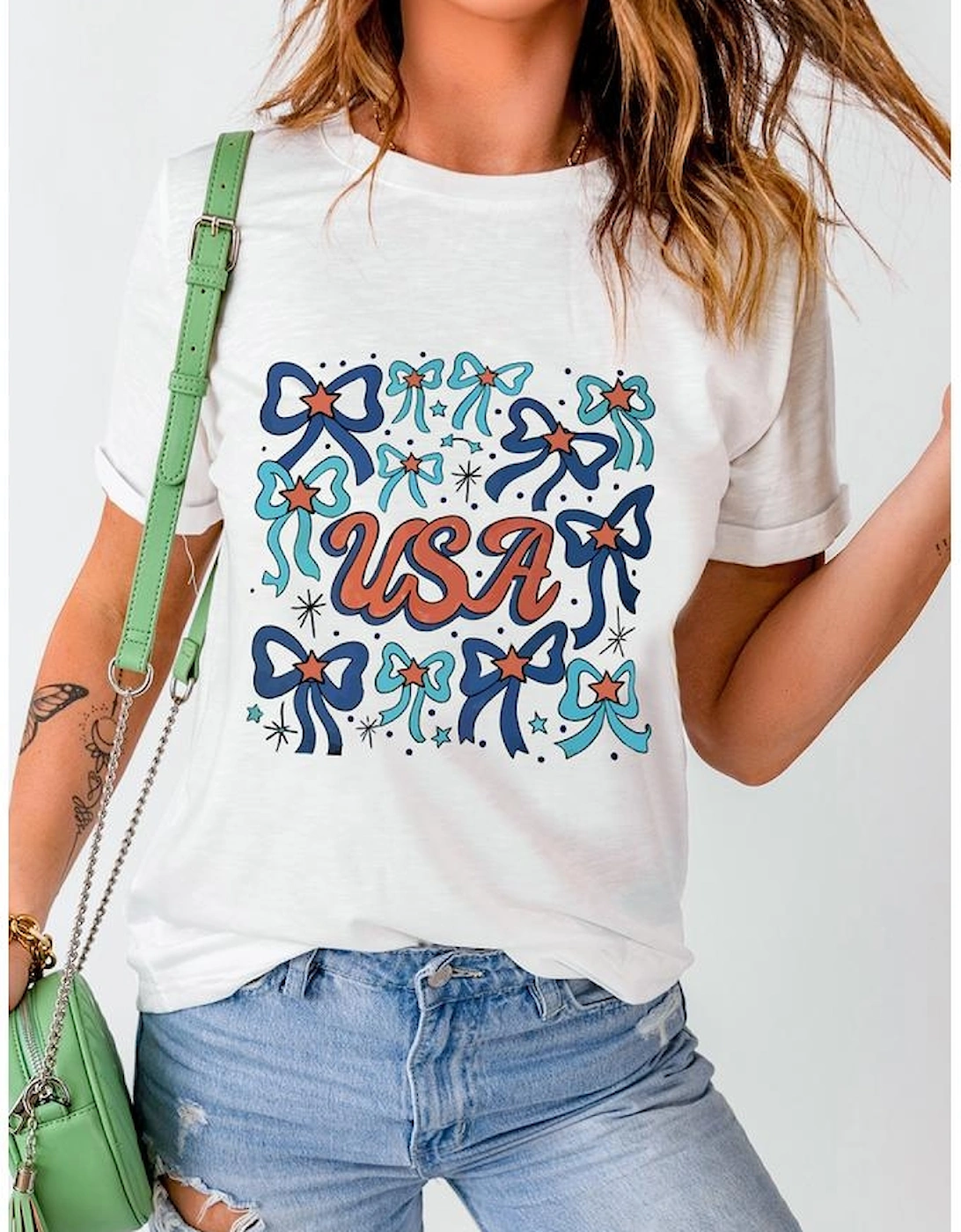 White USA Bowknot Graphic Tee