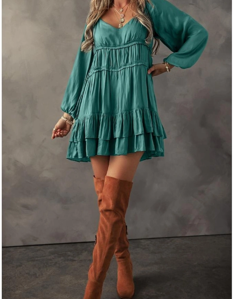 Mist Green Tiered Ruffled Puff Sleeve Loose Fit Mini Dress