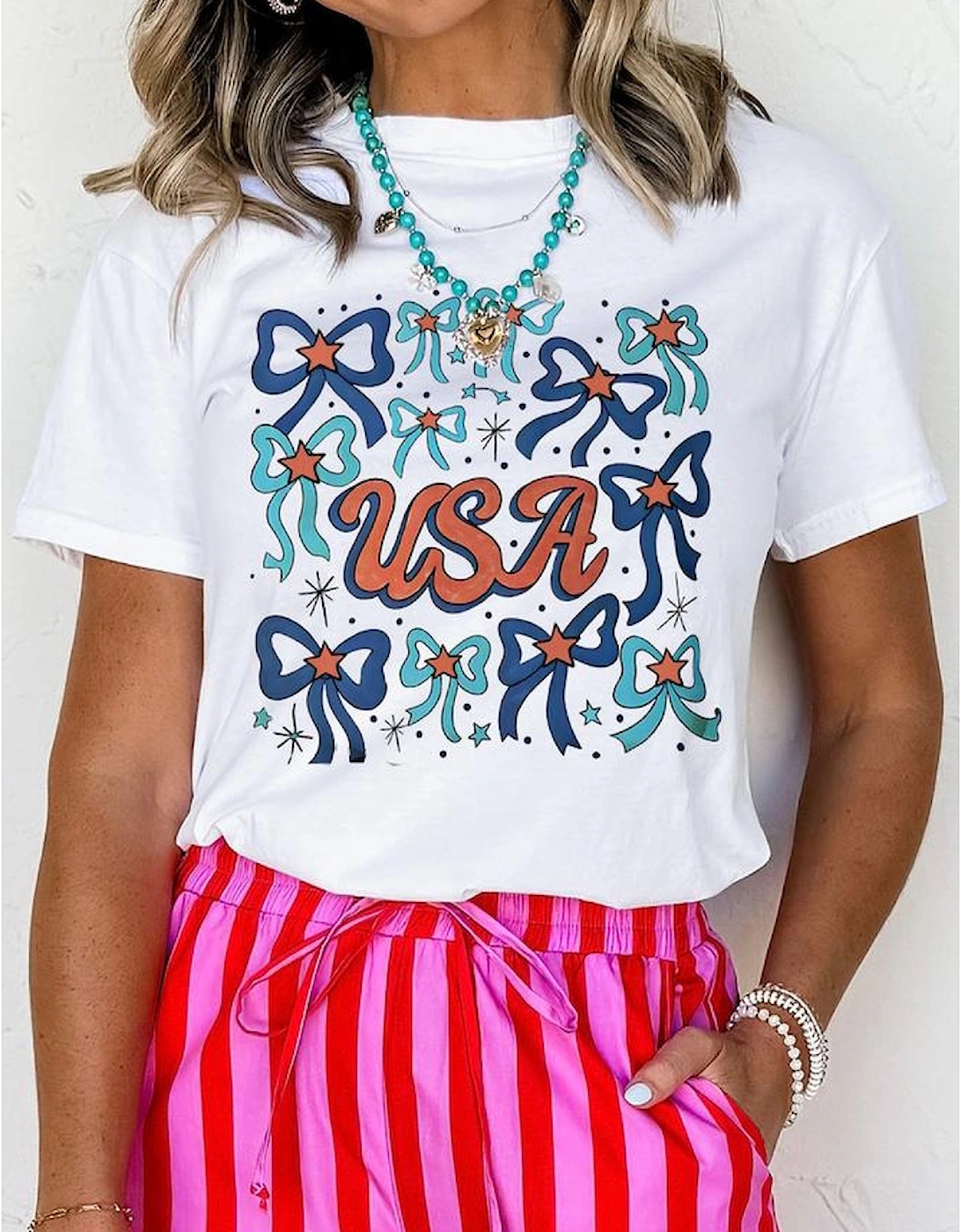 White USA Bowknot Graphic Tee
