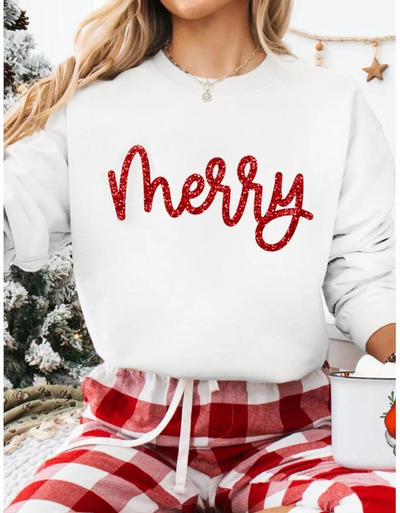 Beige Merry Graphic Christmas Crew Neck Sweatshirt