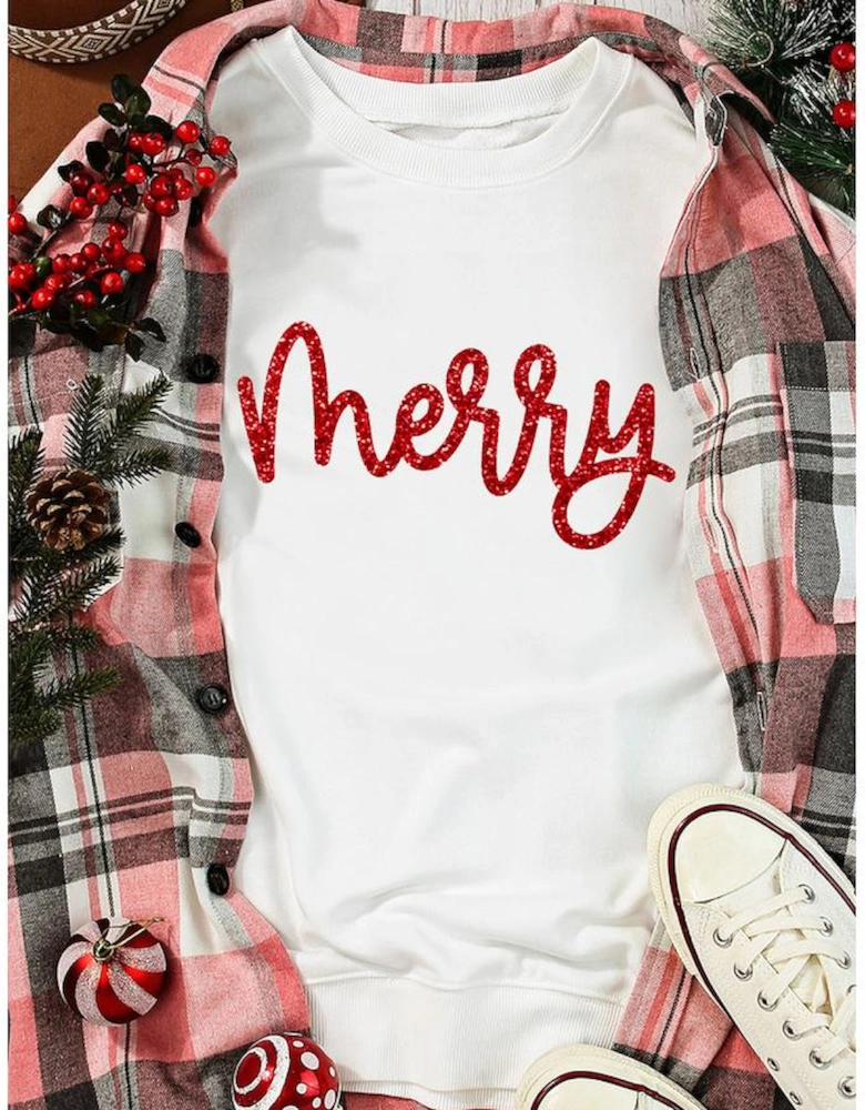 Beige Merry Graphic Christmas Crew Neck Sweatshirt