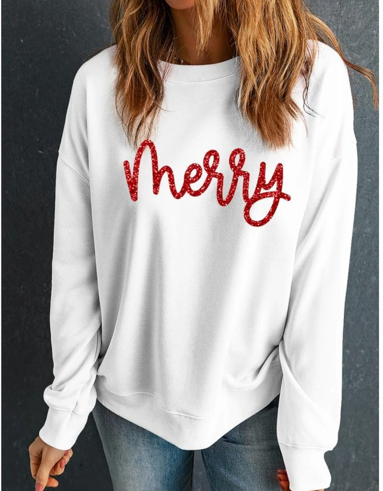 Beige Merry Graphic Christmas Crew Neck Sweatshirt