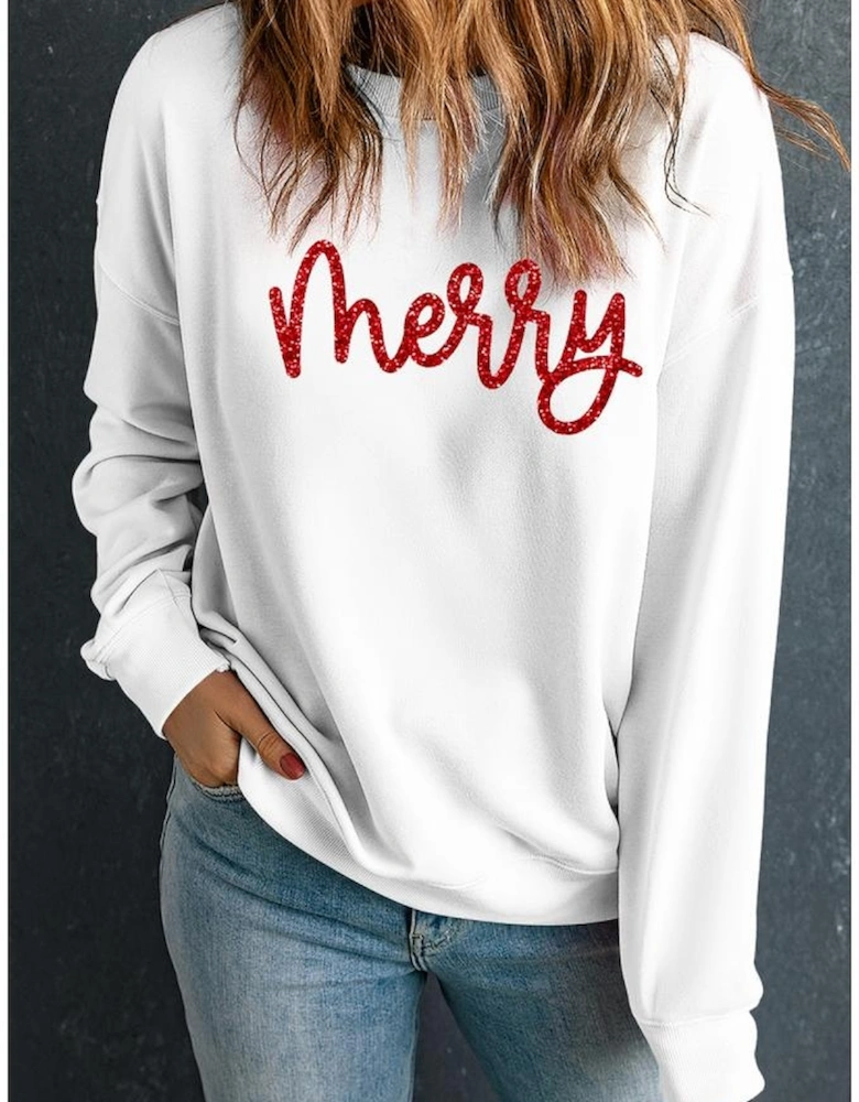 Beige Merry Graphic Christmas Crew Neck Sweatshirt