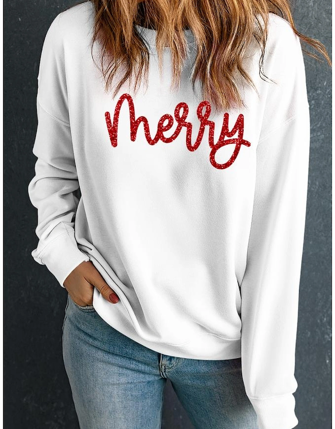Beige Merry Graphic Christmas Crew Neck Sweatshirt