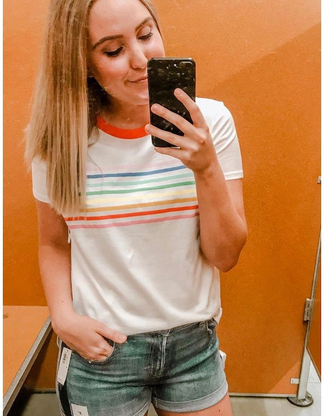 White Rainbow Stripe Print Contrast Crewneck T Shirt