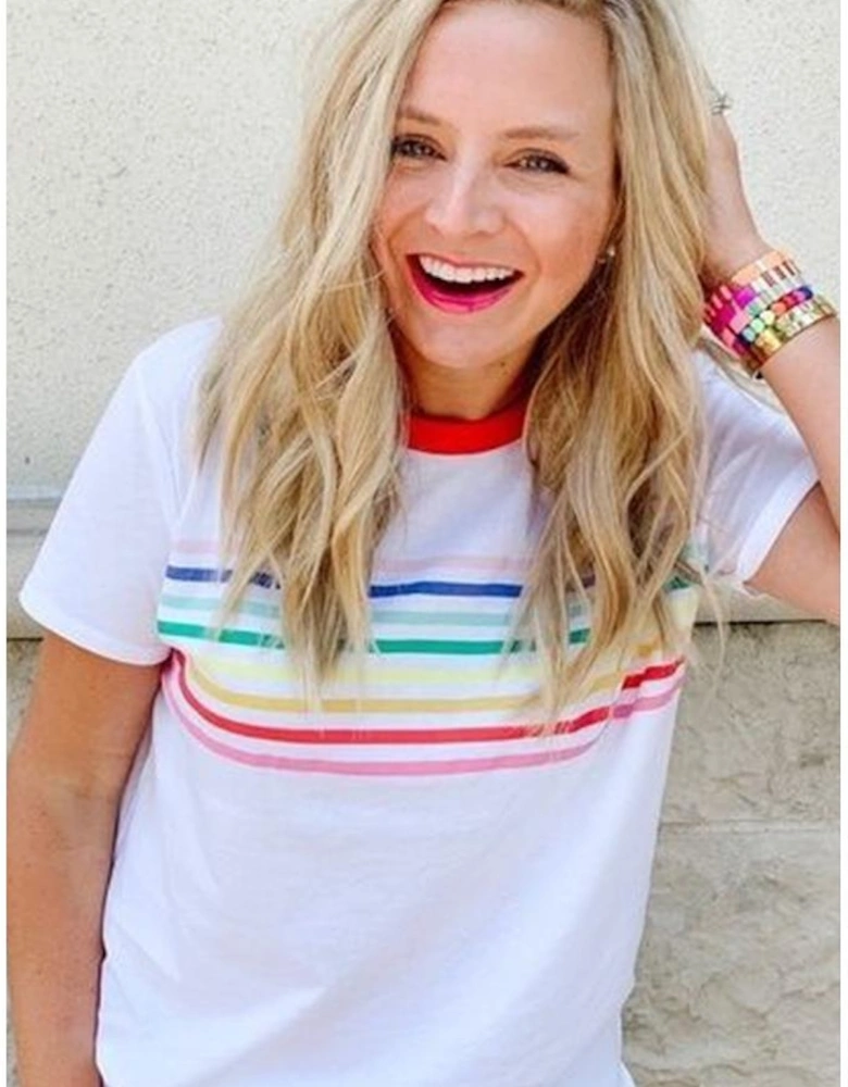 White Rainbow Stripe Print Contrast Crewneck T Shirt