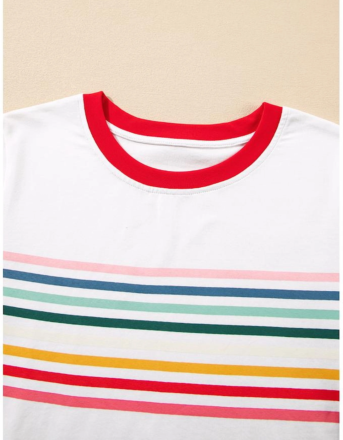 White Rainbow Stripe Print Contrast Crewneck T Shirt