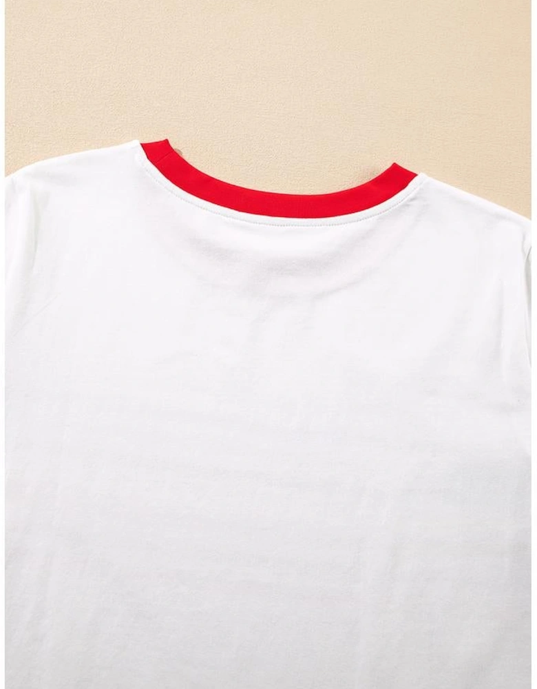 White Rainbow Stripe Print Contrast Crewneck T Shirt