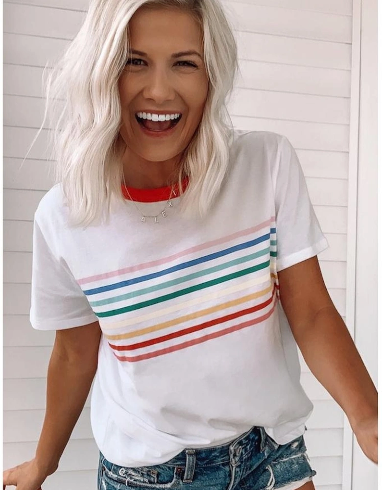 White Rainbow Stripe Print Contrast Crewneck T Shirt