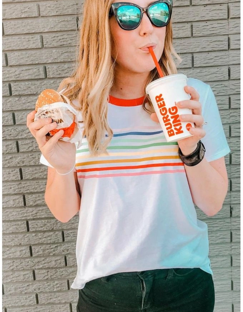 White Rainbow Stripe Print Contrast Crewneck T Shirt