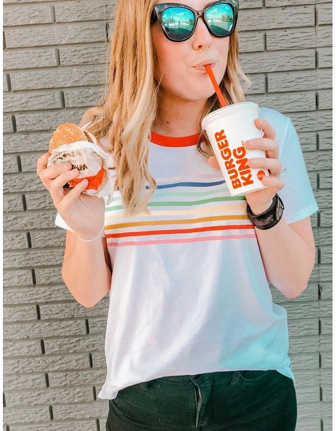 White Rainbow Stripe Print Contrast Crewneck T Shirt