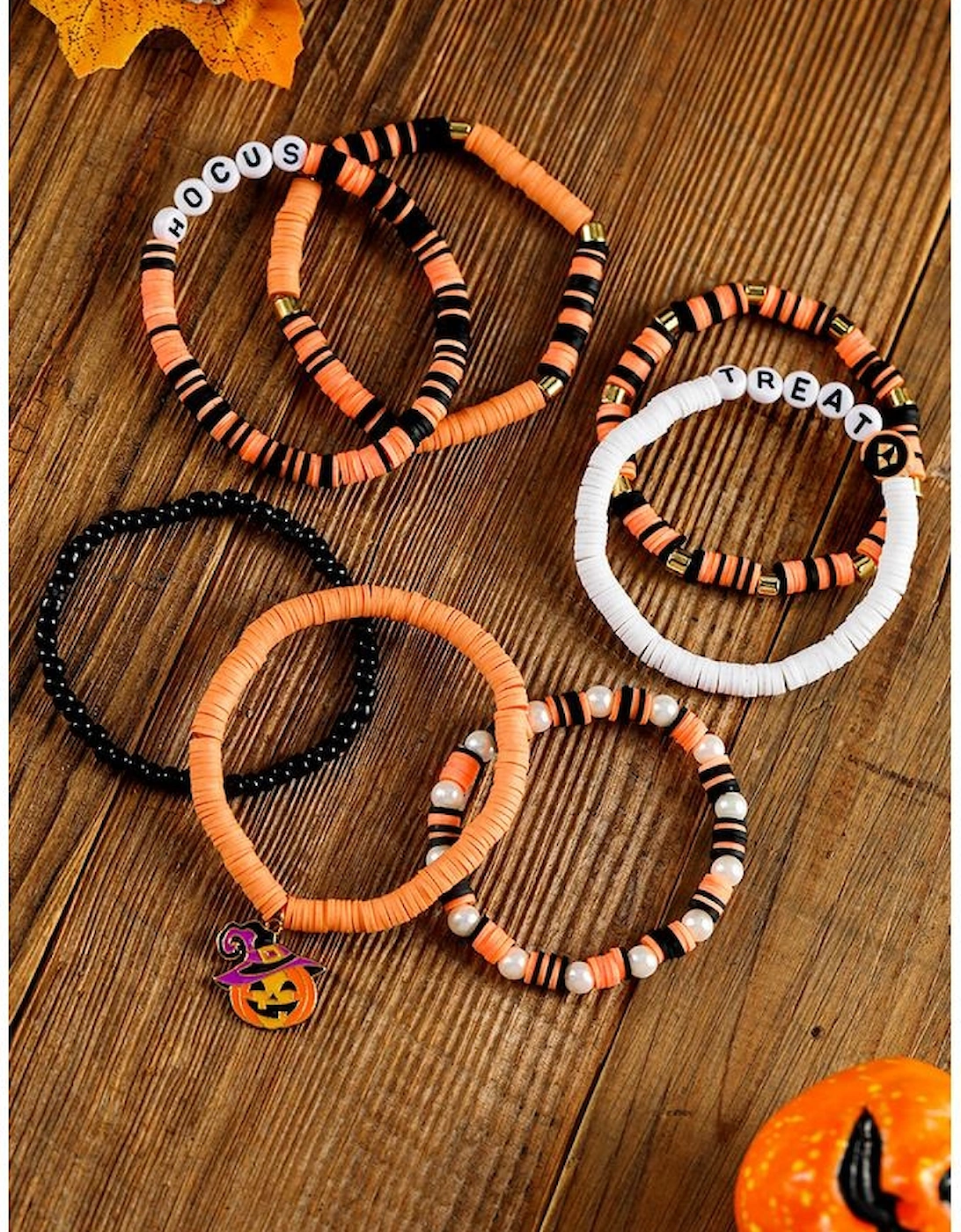 Orange TREAT HOCUS Halloween Pumpkin Beaded Multilayered Bracelet