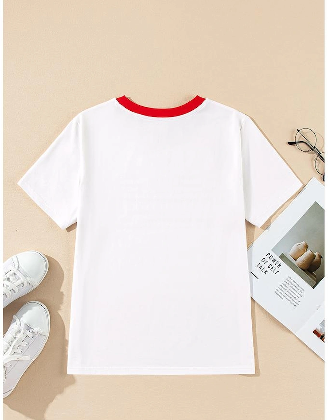 White Rainbow Stripe Print Contrast Crewneck T Shirt