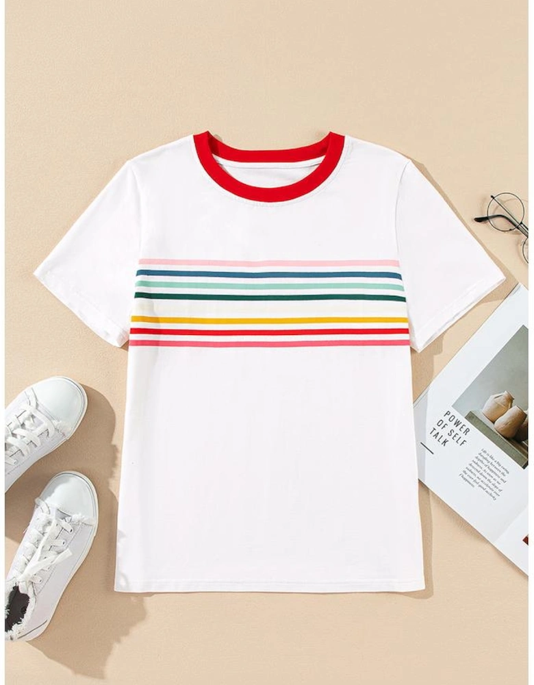 White Rainbow Stripe Print Contrast Crewneck T Shirt