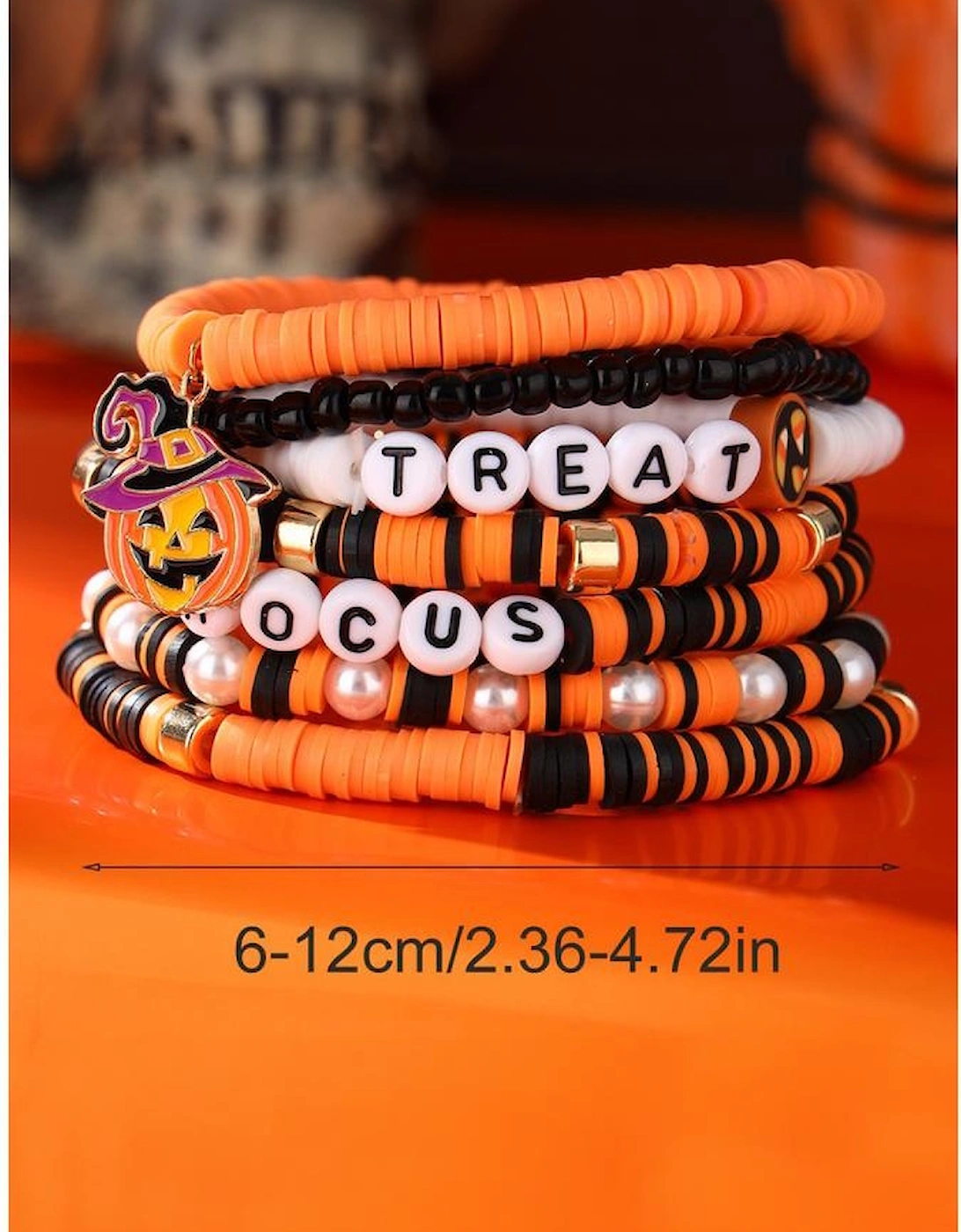 Orange TREAT HOCUS Halloween Pumpkin Beaded Multilayered Bracelet, 5 of 4