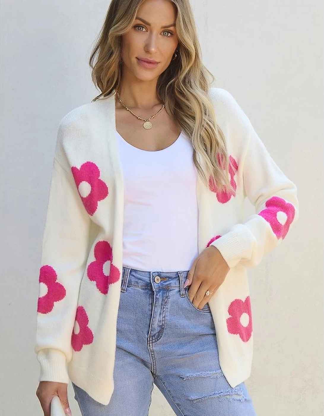 Rose Red Flower Pattern Open Front Cardigan
