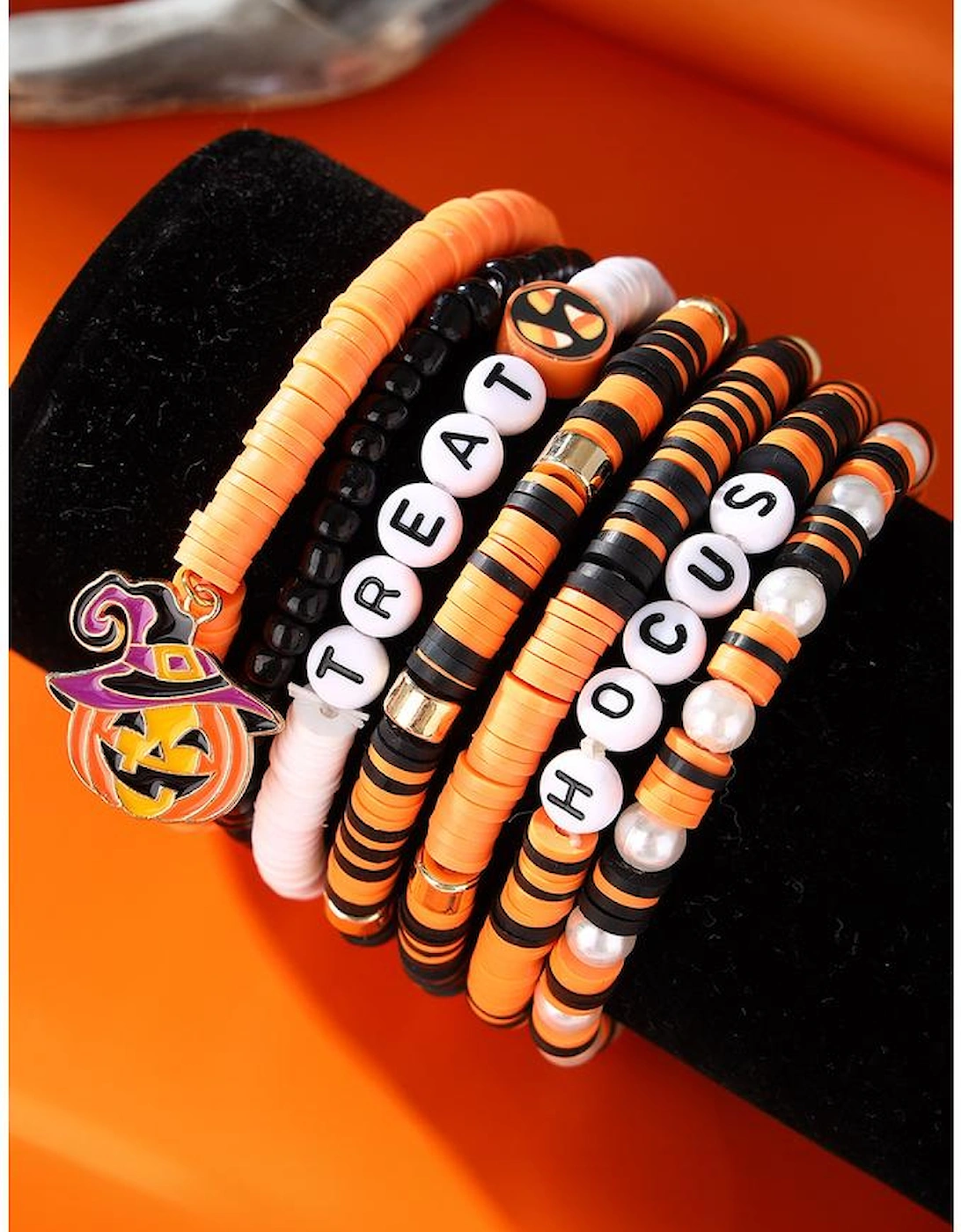 Orange TREAT HOCUS Halloween Pumpkin Beaded Multilayered Bracelet