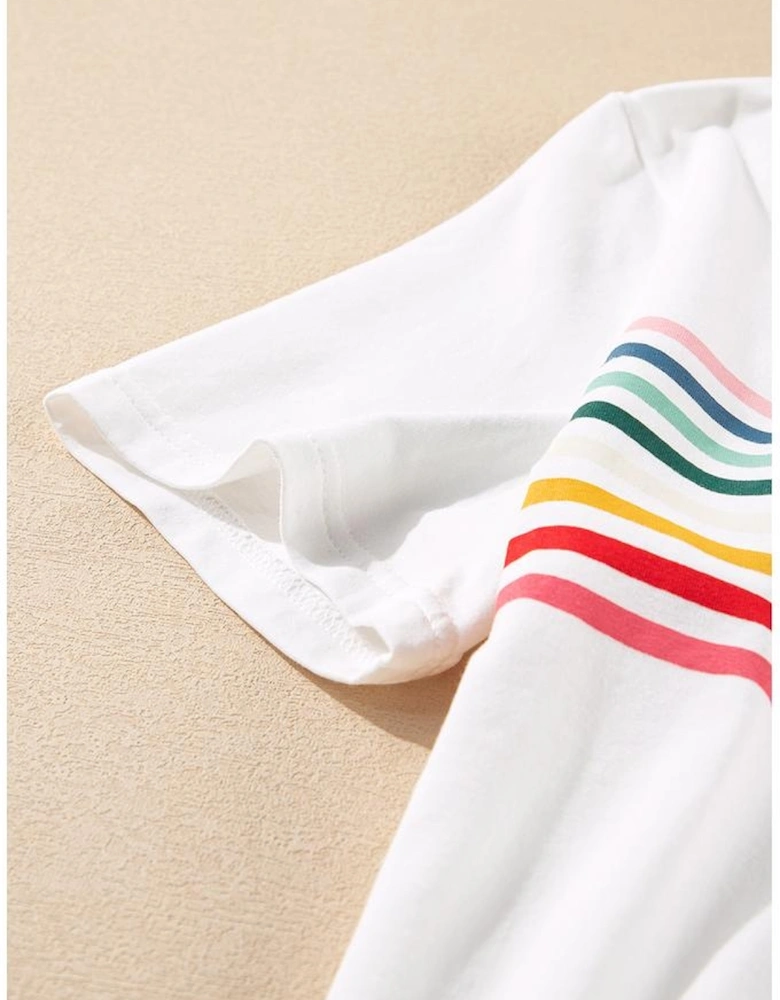White Rainbow Stripe Print Contrast Crewneck T Shirt