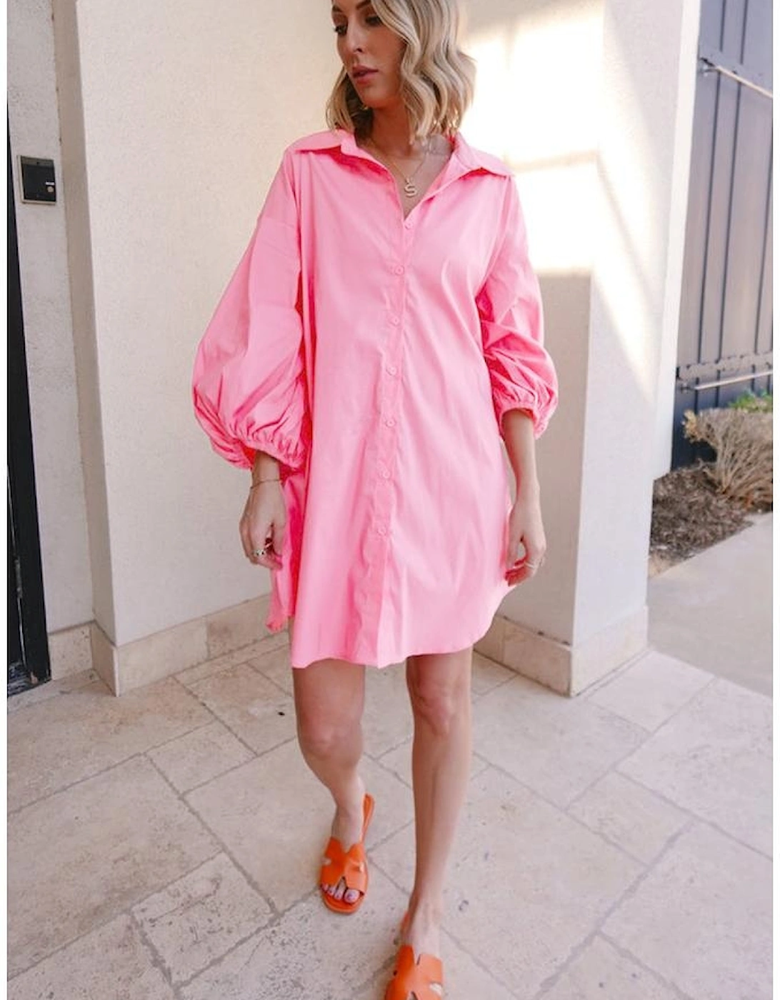 Bright Pink Balloon Sleeve Button Up Mini Shirt Dress
