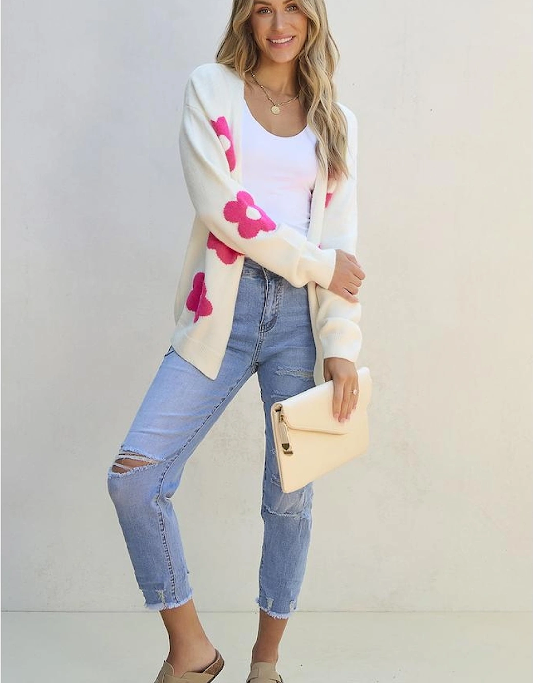 Rose Red Flower Pattern Open Front Cardigan