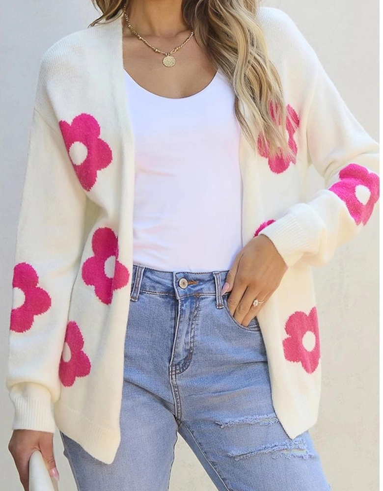 Rose Red Flower Pattern Open Front Cardigan