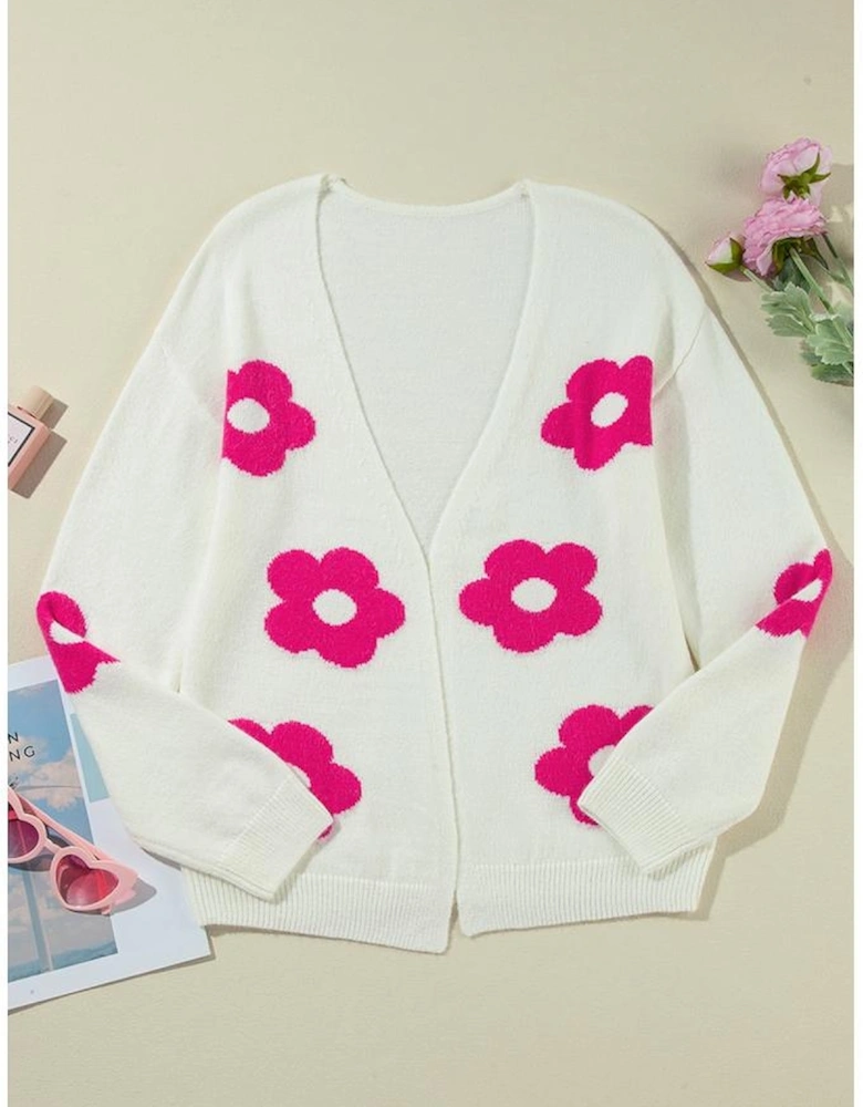 Rose Red Flower Pattern Open Front Cardigan