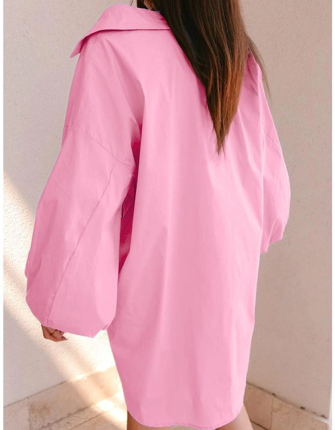 Bright Pink Balloon Sleeve Button Up Mini Shirt Dress