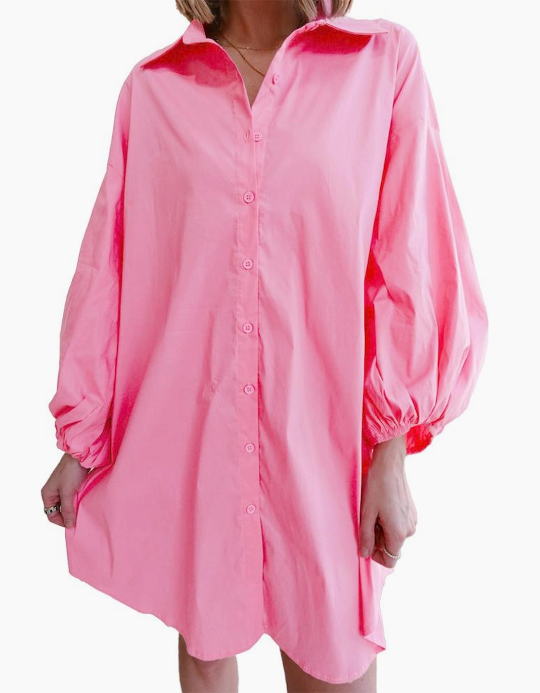 Bright Pink Balloon Sleeve Button Up Mini Shirt Dress