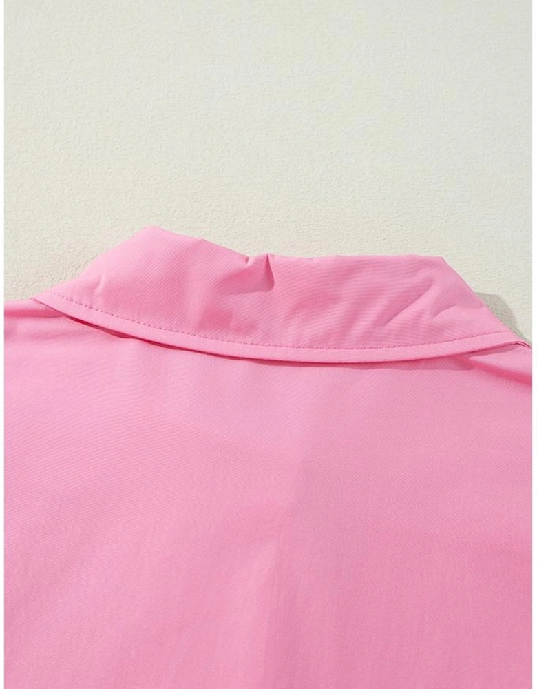 Bright Pink Balloon Sleeve Button Up Mini Shirt Dress