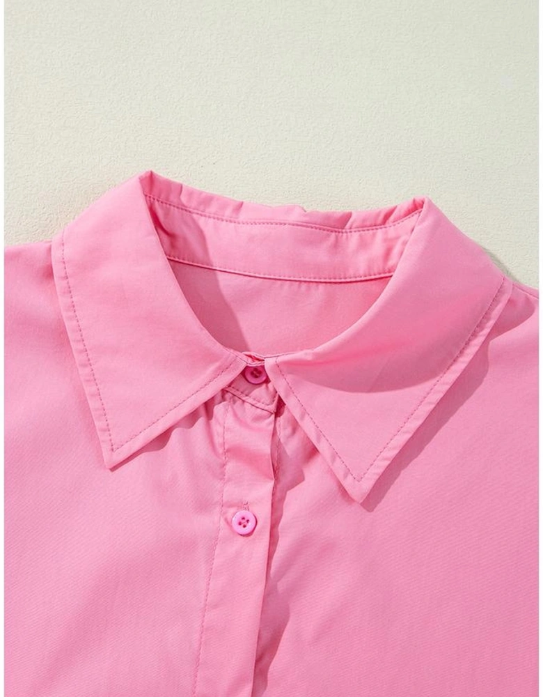 Bright Pink Balloon Sleeve Button Up Mini Shirt Dress