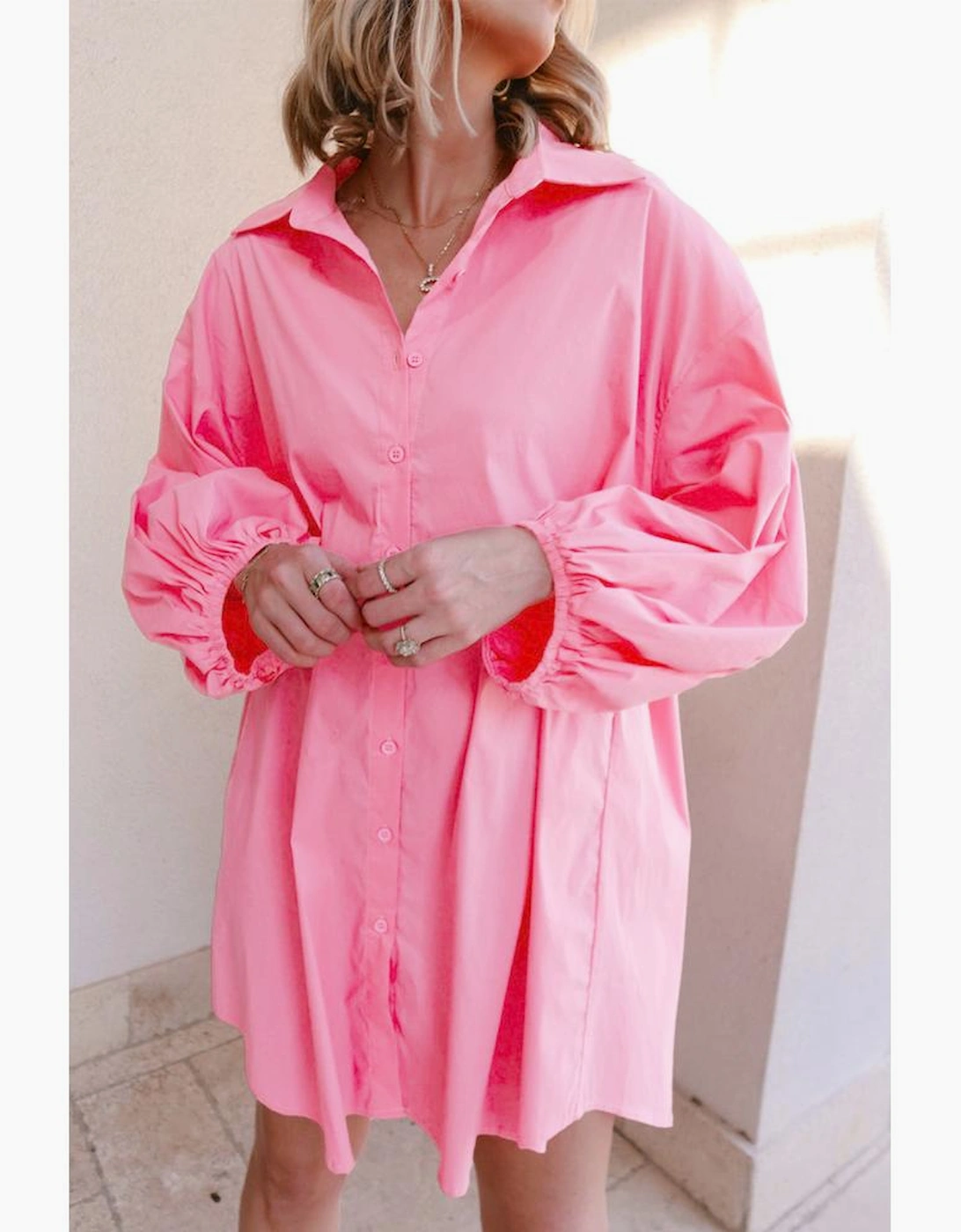 Bright Pink Balloon Sleeve Button Up Mini Shirt Dress, 16 of 15