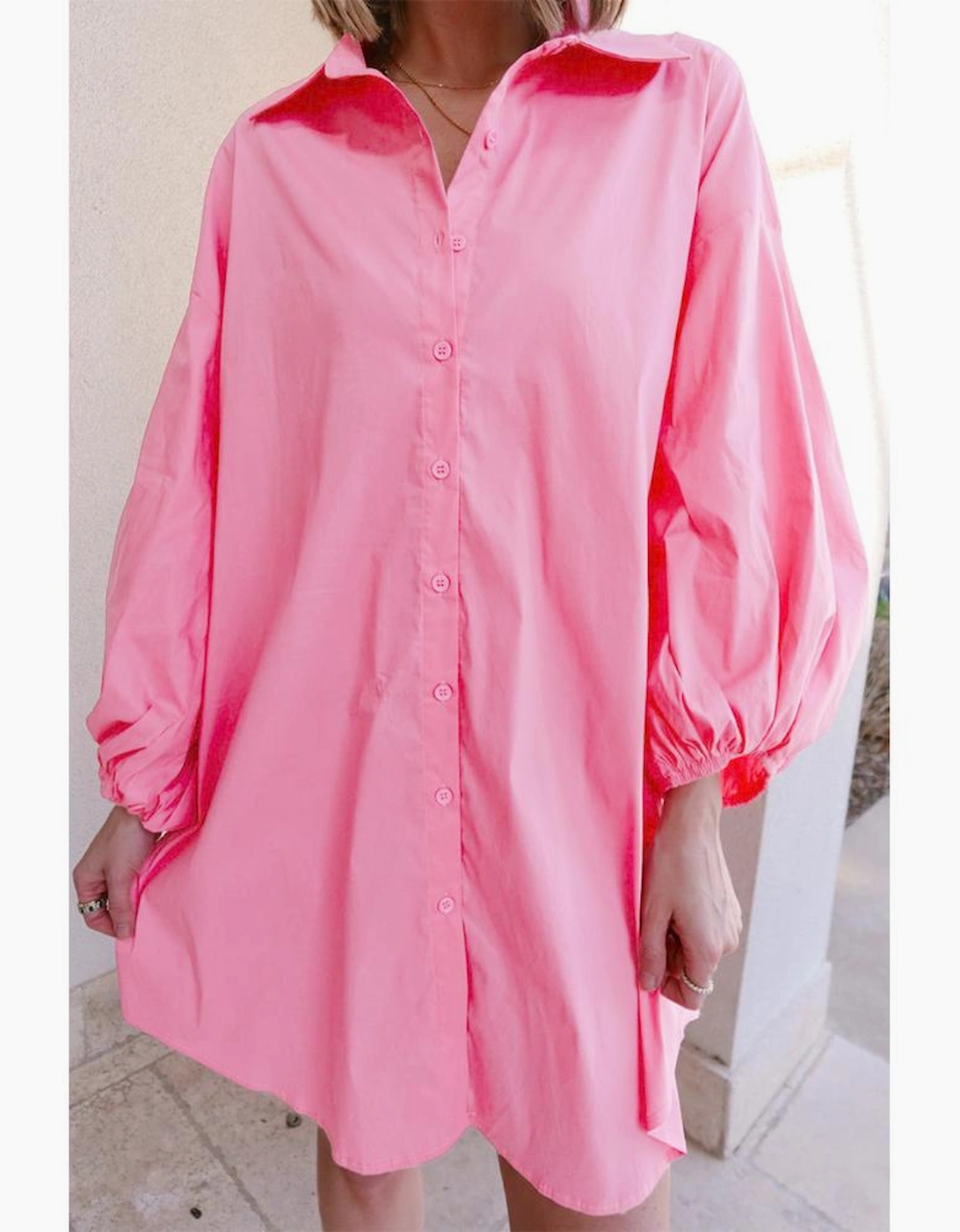 Bright Pink Balloon Sleeve Button Up Mini Shirt Dress