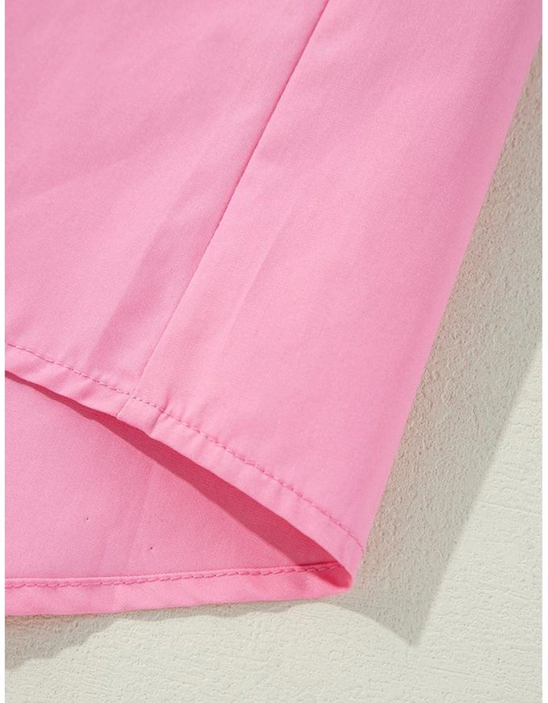 Bright Pink Balloon Sleeve Button Up Mini Shirt Dress