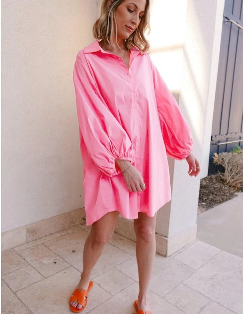 Bright Pink Balloon Sleeve Button Up Mini Shirt Dress