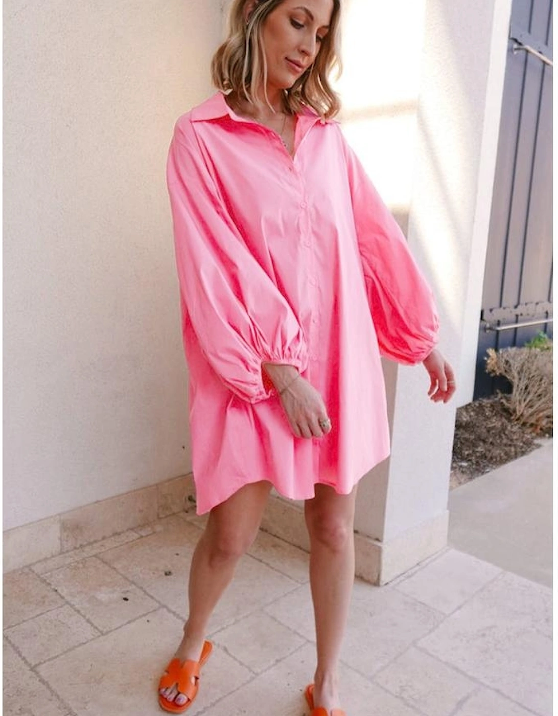 Bright Pink Balloon Sleeve Button Up Mini Shirt Dress