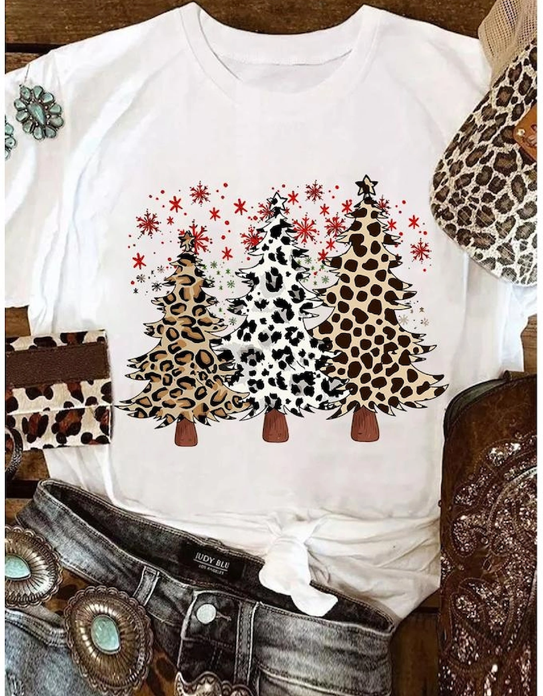 White Leopard Christmas Tree Graphic Crewneck Tee