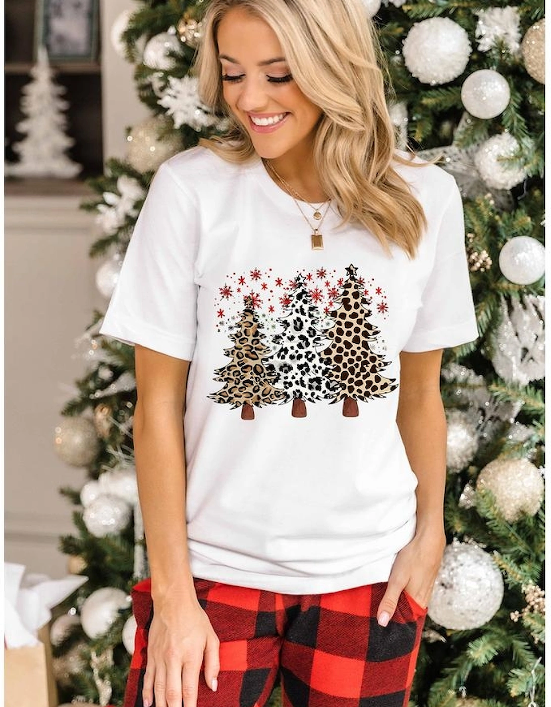 White Leopard Christmas Tree Graphic Crewneck Tee